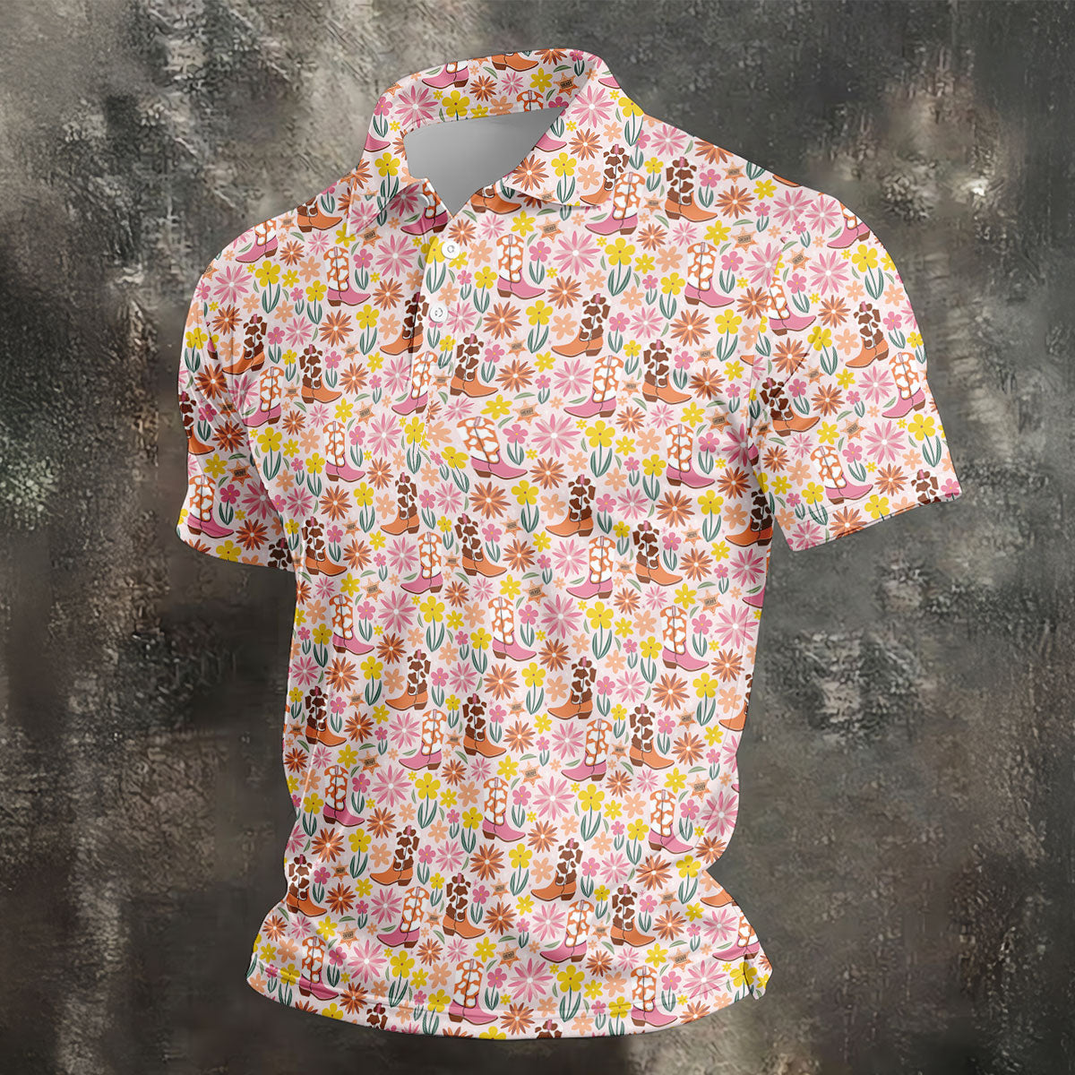 Pink Floral Cowgirl Boots Pattern Golf Polo Shirt, Mens Golf Polo, Golf Shirts For Men