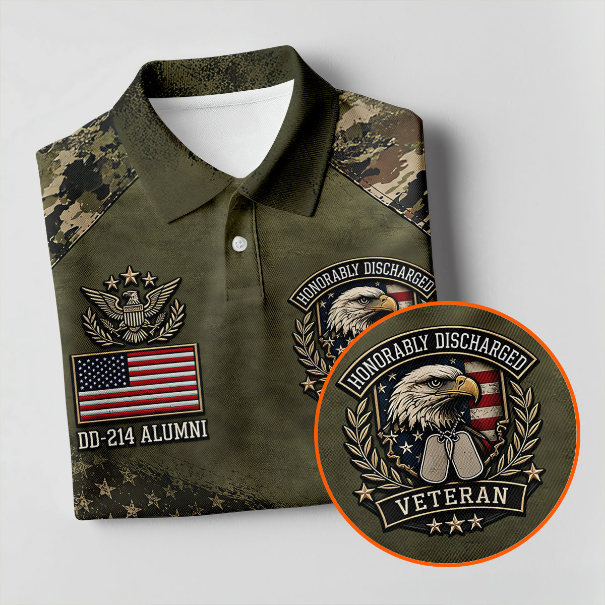 DD-214 Honorably Discharged Camo Polo Shirt, Veterans Day Shirt, Mens Golf Shirts