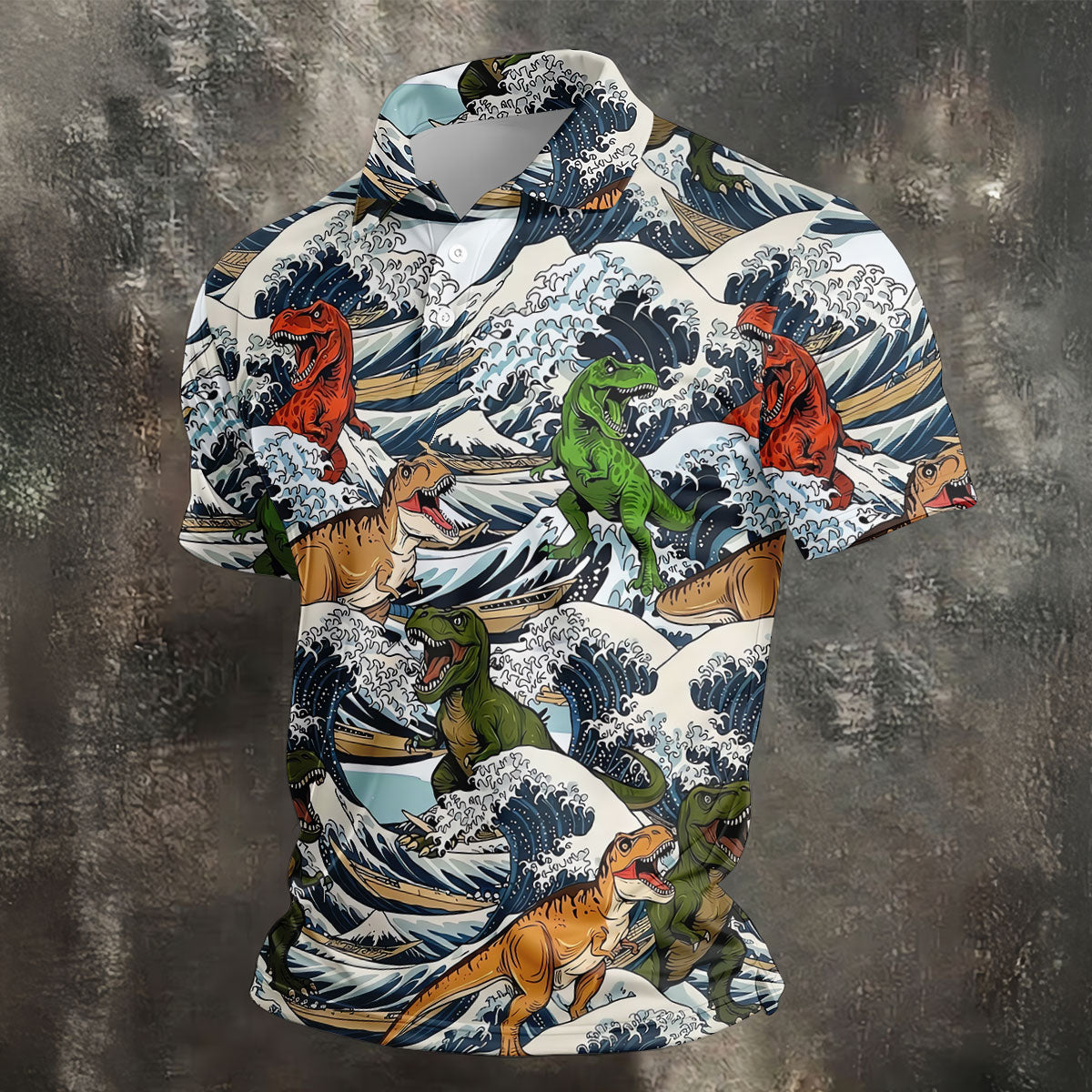 T Rex Surfing Great Wave Golf Polo Shirt, Men's Golf Shirt, Printed Golf Shirts