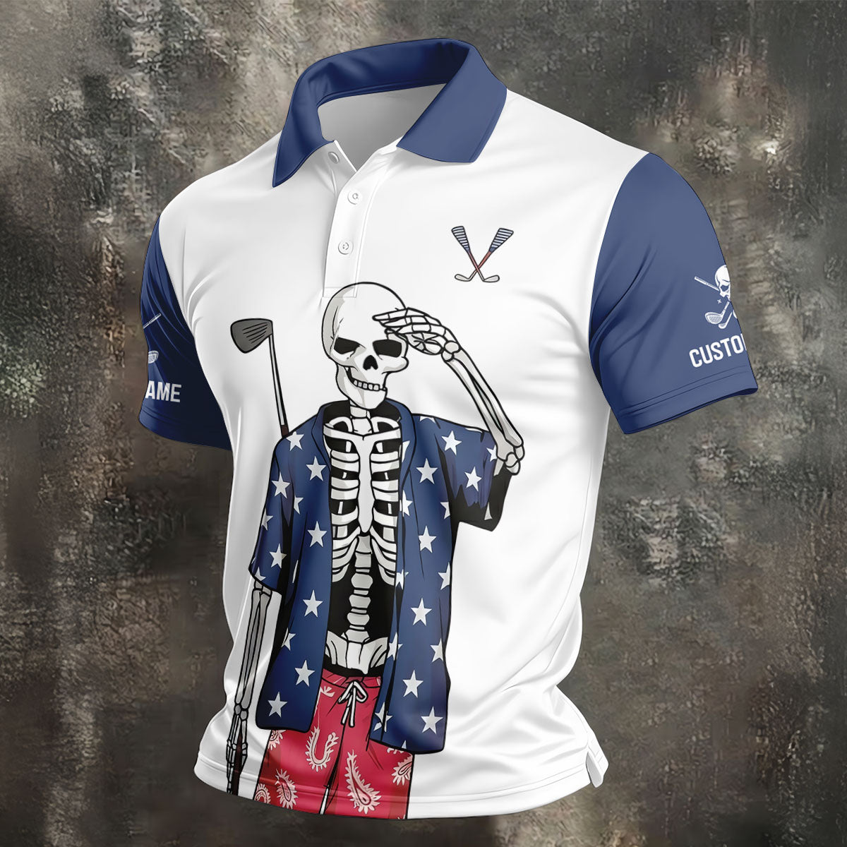 Skeleton Golf White Navy 4th Of July Patriotic Golf Shirt, 250 Years Golf Shirts For Men