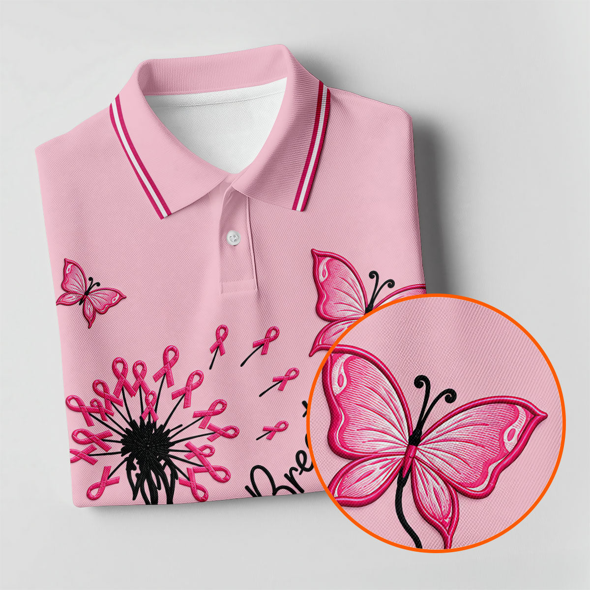 Just Breathe Butterfly Pink Ribbon Breast Cancer Polo Shirt, Golf Polo For Women