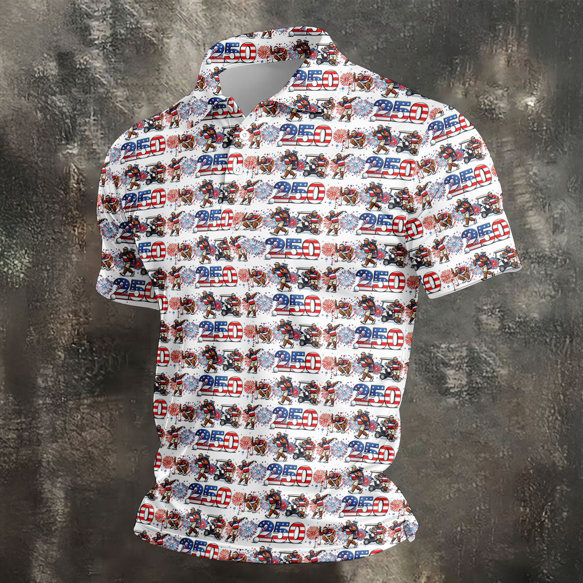 Funny Bigfoot Golf Pose Patriotic 4th Of July White Golf Shirt, 250 Years Golf Shirts For Men