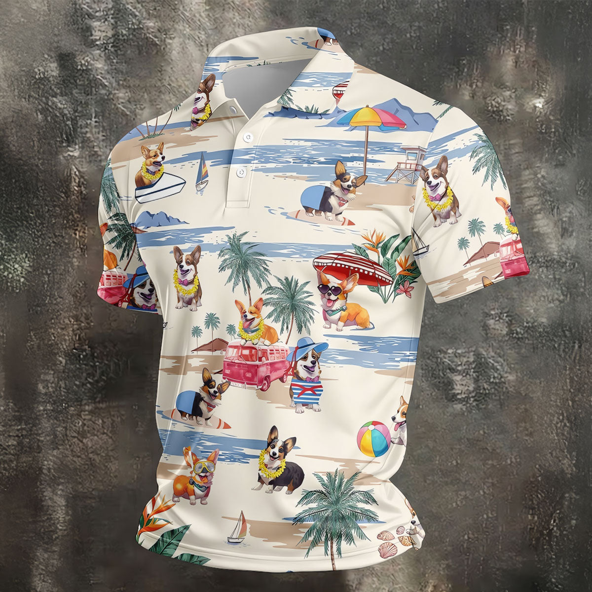 Cute Corgi Beach Vacation Golf Polo Shirt, Golf Polo Shirts For Men, Mens Golf Apparel