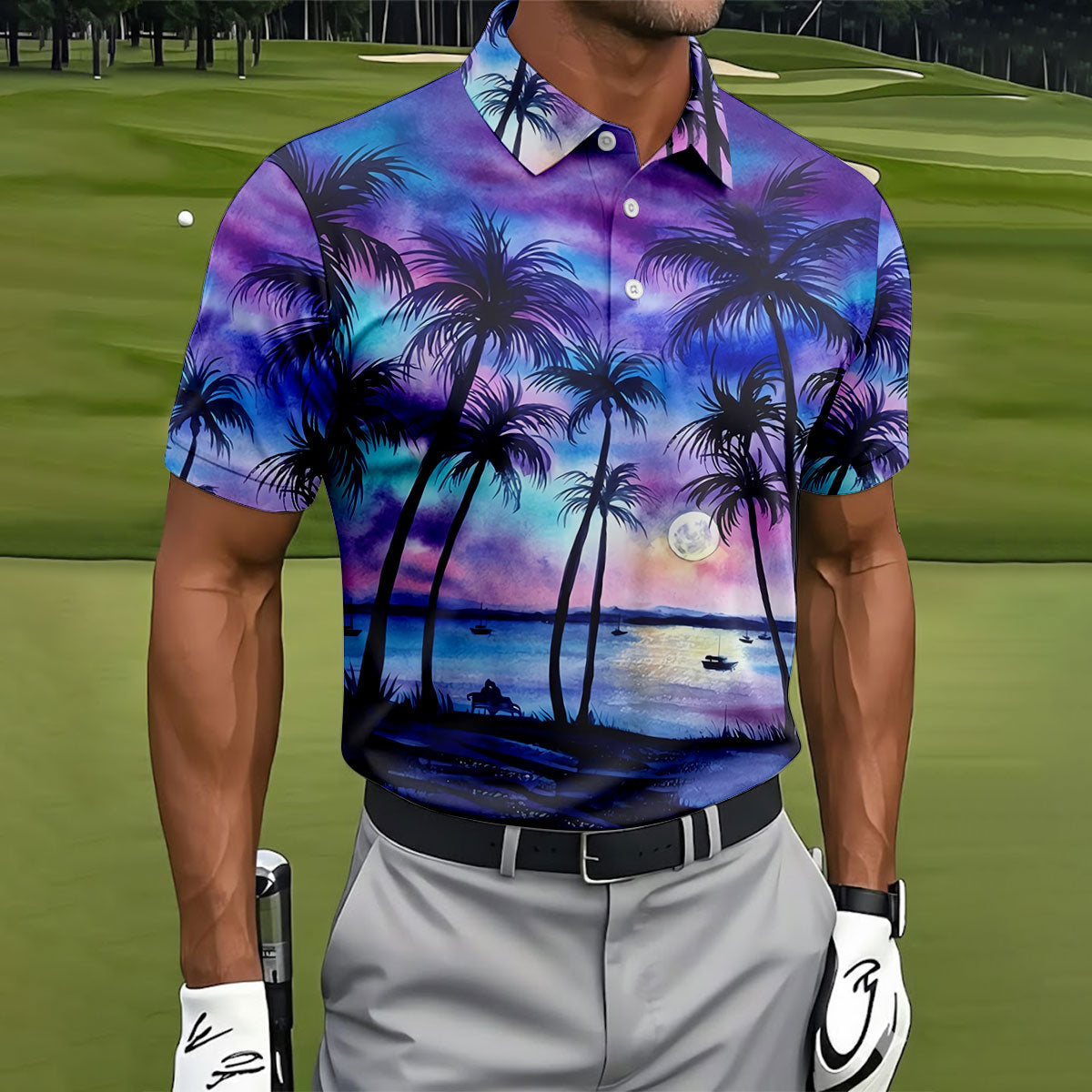 Moonlit Tropical Beach Palm Tree Design Hawaiian Golf Shirt, Golf Shirts For Men, Polo Shirts For Men