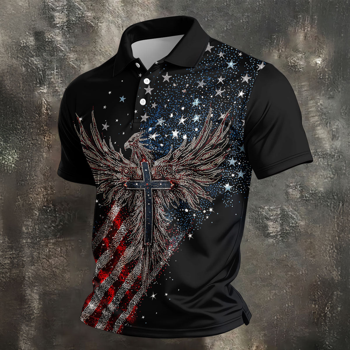Faith Cross Patriotic Eagle Rhinestones Pattern 4th Of July Golf Shirt, 250 Years Golf Shirts For Men