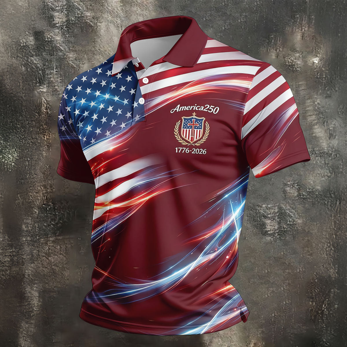 America 250 Light Effect American Flag Golf Shirt, Patriotic 4th Of July Golf Shirts For Men