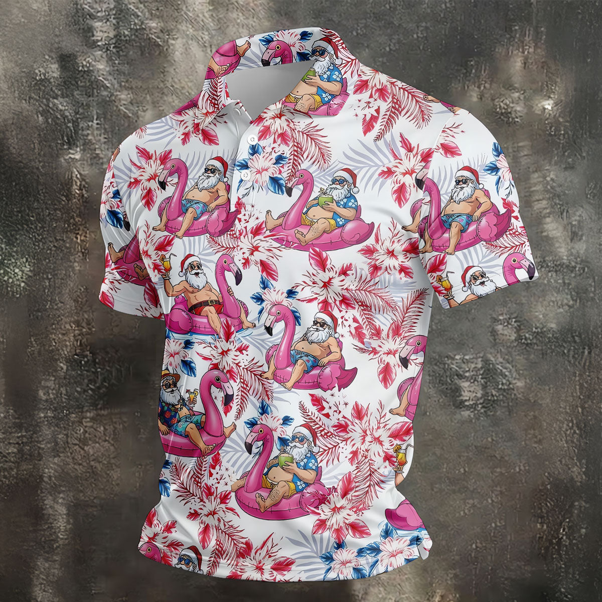 Funny Tropical Santa Flamingo Christmas Polo Shirt, Mens Golf Polo, Hawaiian Golf Shirt