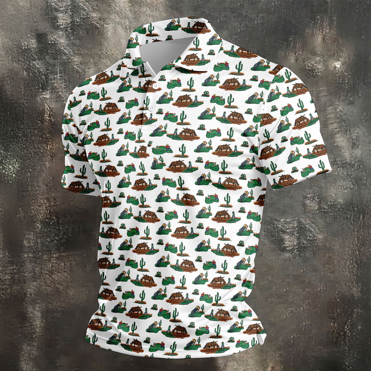 Western Golf Course Pattern Polo Shirt, Printed Golf Shirts, Golf Polo Shirts For Men