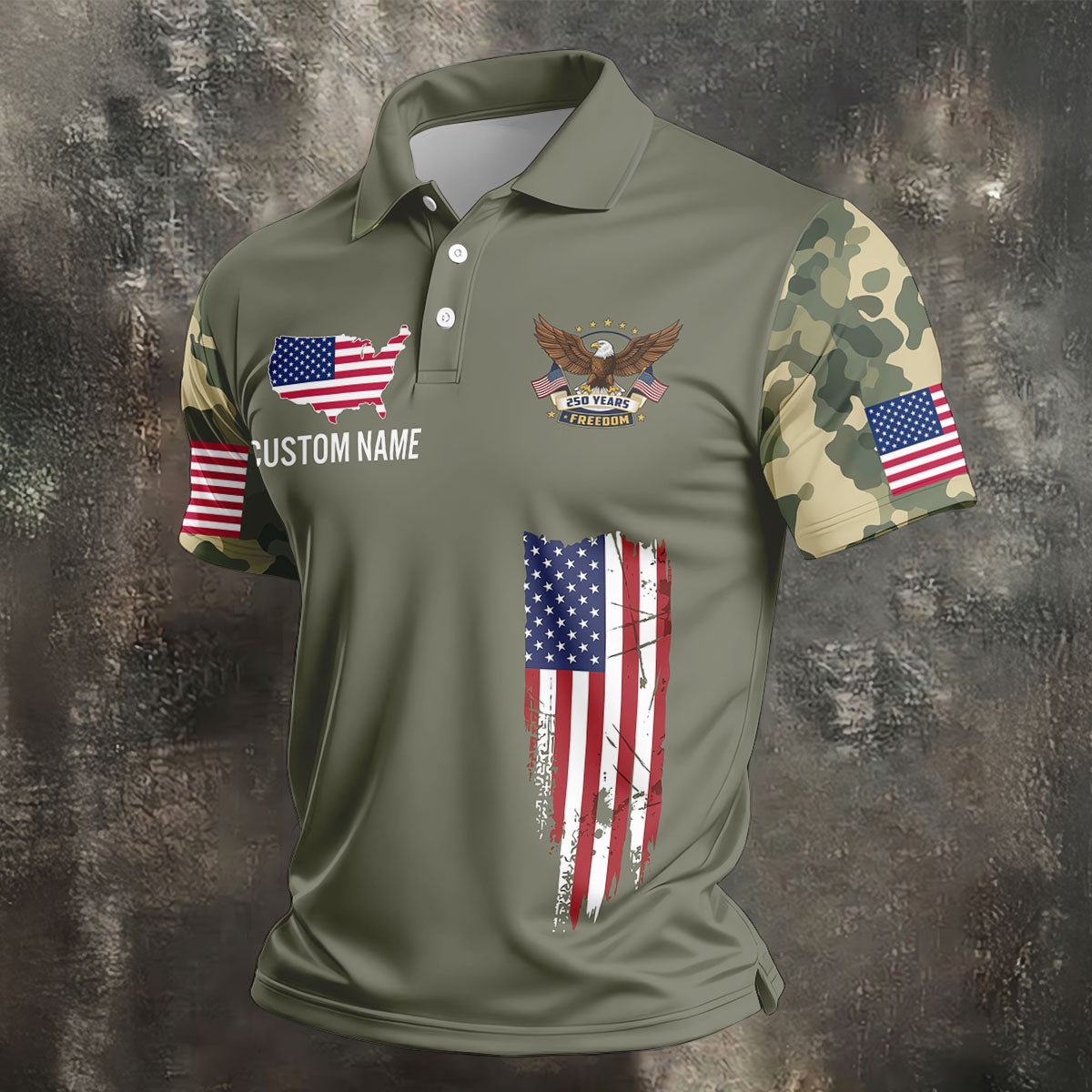 250 Years Freedom Eagle American Flag Camo Golf Shirt, Patriotic 4th Of July Golf Shirts For Men