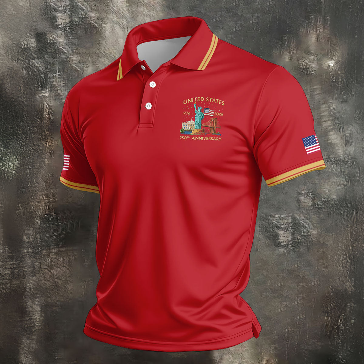 American Symbols Red Patriotic Golf Shirt, US 250 Years 4th Of July Golf Shirts For Men