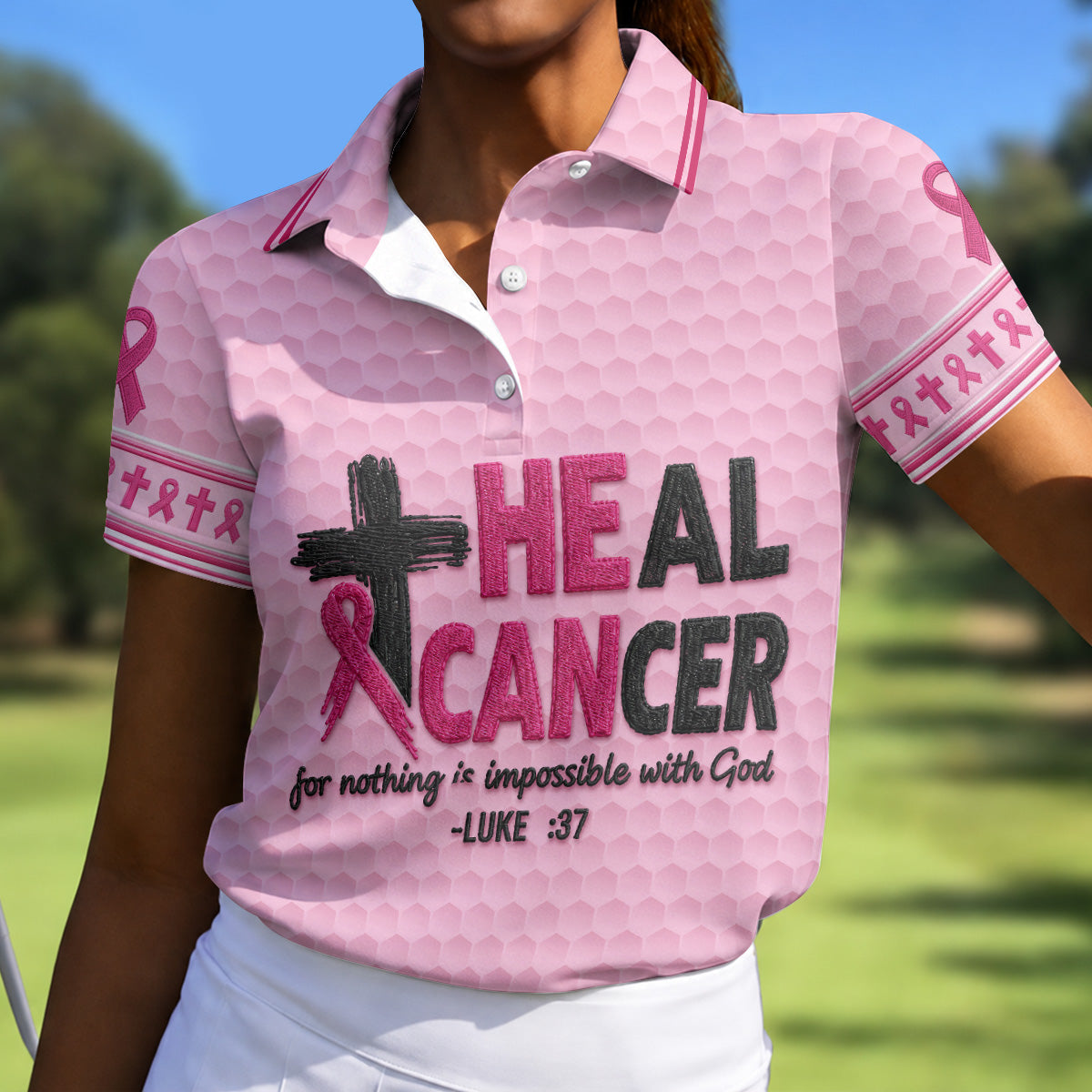 Heal Cancer Faith Pink Breast Cancer Awareness Shirt, Womens Golf Polo, Golf Shirts For Women