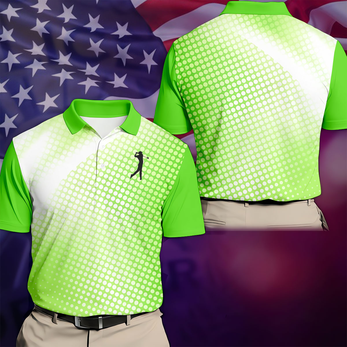 Green White Gradient Polka Dot Golf Shirt, Polo Shirts For Men, Golf Shirts For Men