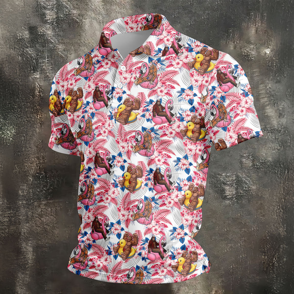Funny Bigfoot Pool Party Hawaiian Golf Shirt, Red White Blue Tropical Flamingo Golf Shirts For Men