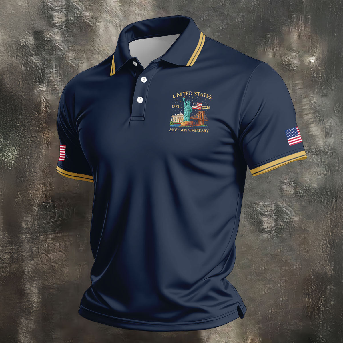American Symbols Navy Patriotic Golf Shirt, US 250 Years 4th Of July Golf Shirts For Men