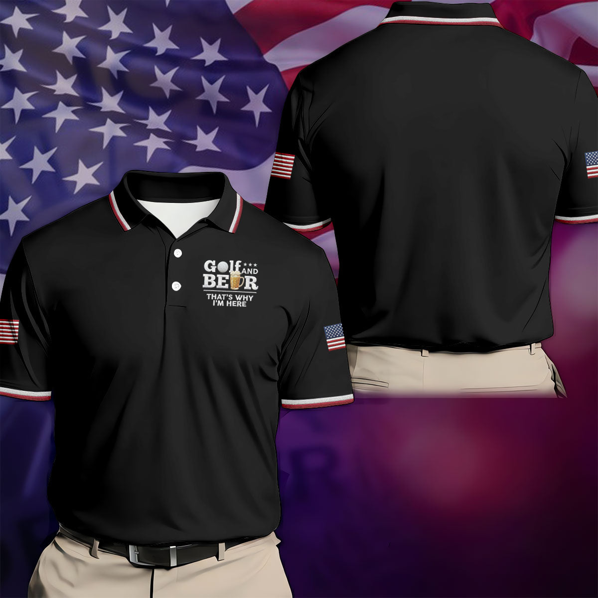 Golf And Beer That's Why I'm Here 250 Years US Flag Golf Shirt, Patriotic 4th Of July Golf Shirts For Men