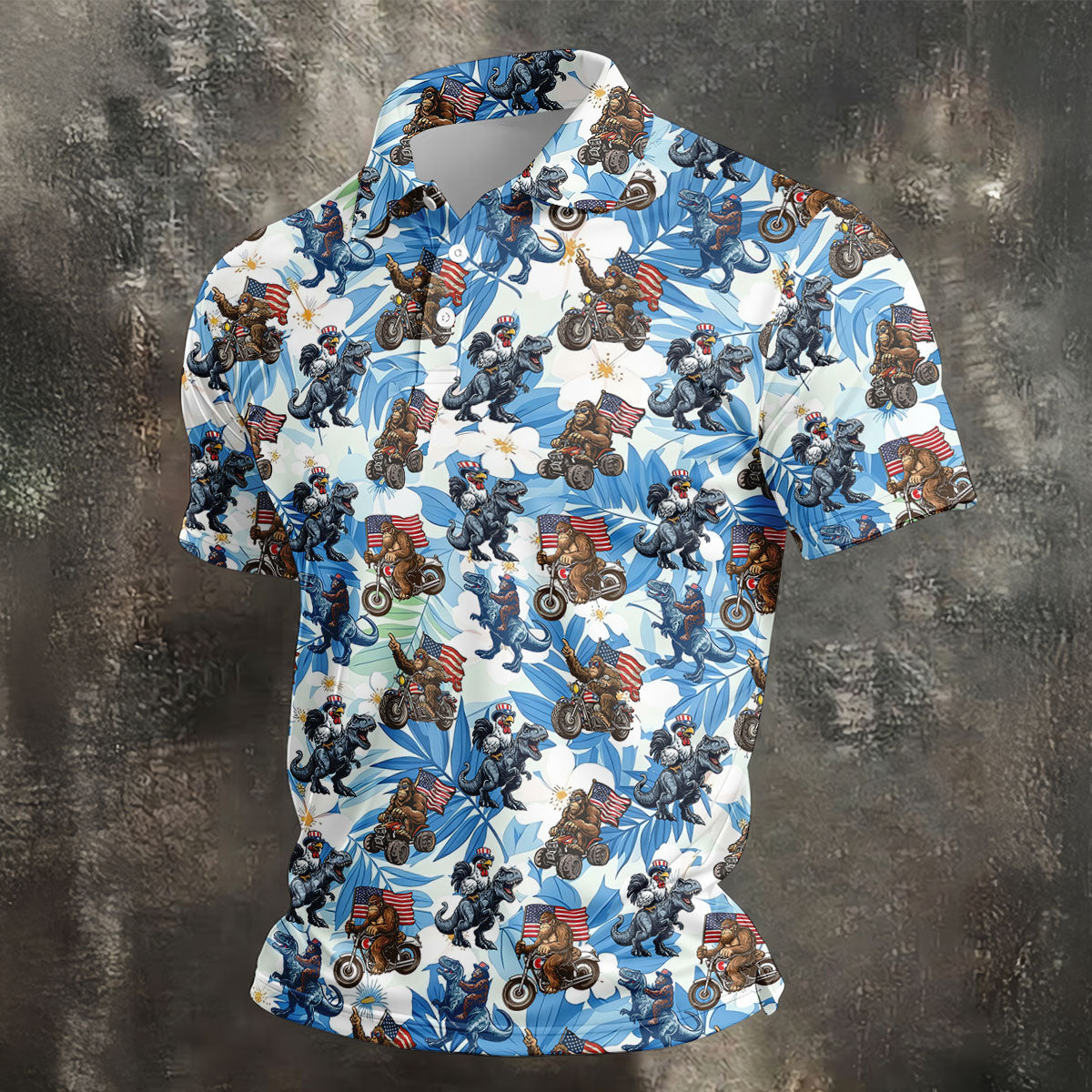 Patriotic Bald Eagle Funny T-Rex Bigfoot Hawaiian Golf Shirt, 250 Years 4th Of July Golf Shirts For Men