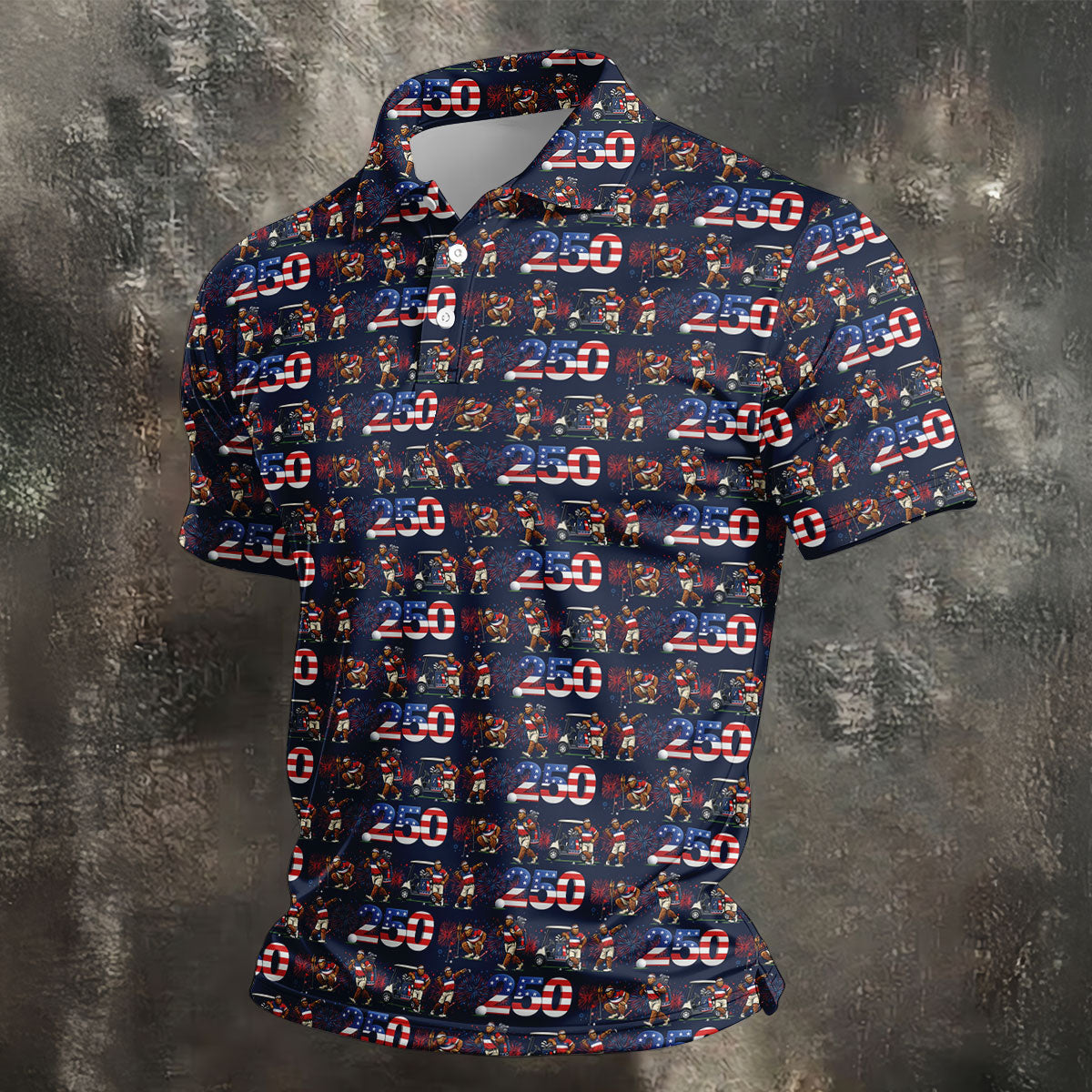 Funny Bigfoot Golf Pose Patriotic 4th Of July Black Golf Shirt, 250 Years Golf Shirts For Men