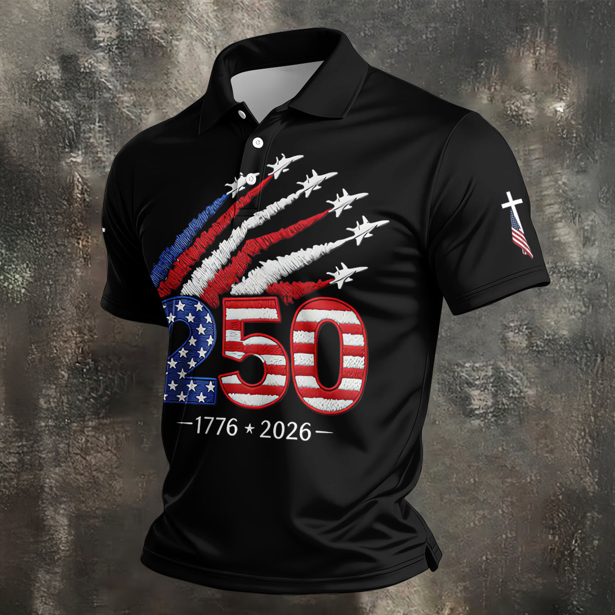 Flying Fighter Jets Faith Cross Patriotic 4th Of July Black Golf Shirt, 250 Years Golf Shirts For Men
