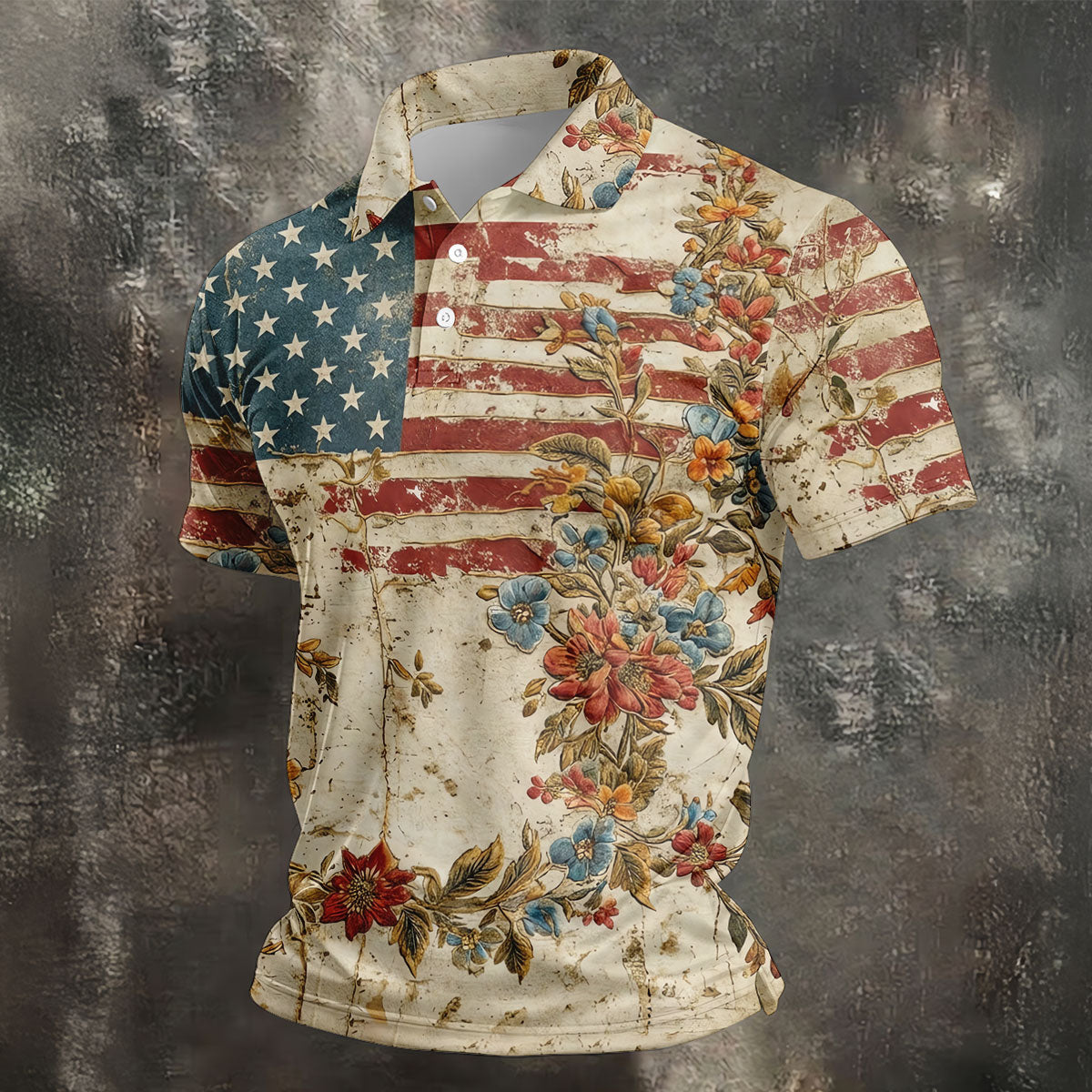 Floral American Flag Vintage Golf Shirt, 250 Years Patriotic 4th Of July Golf Shirts For Men