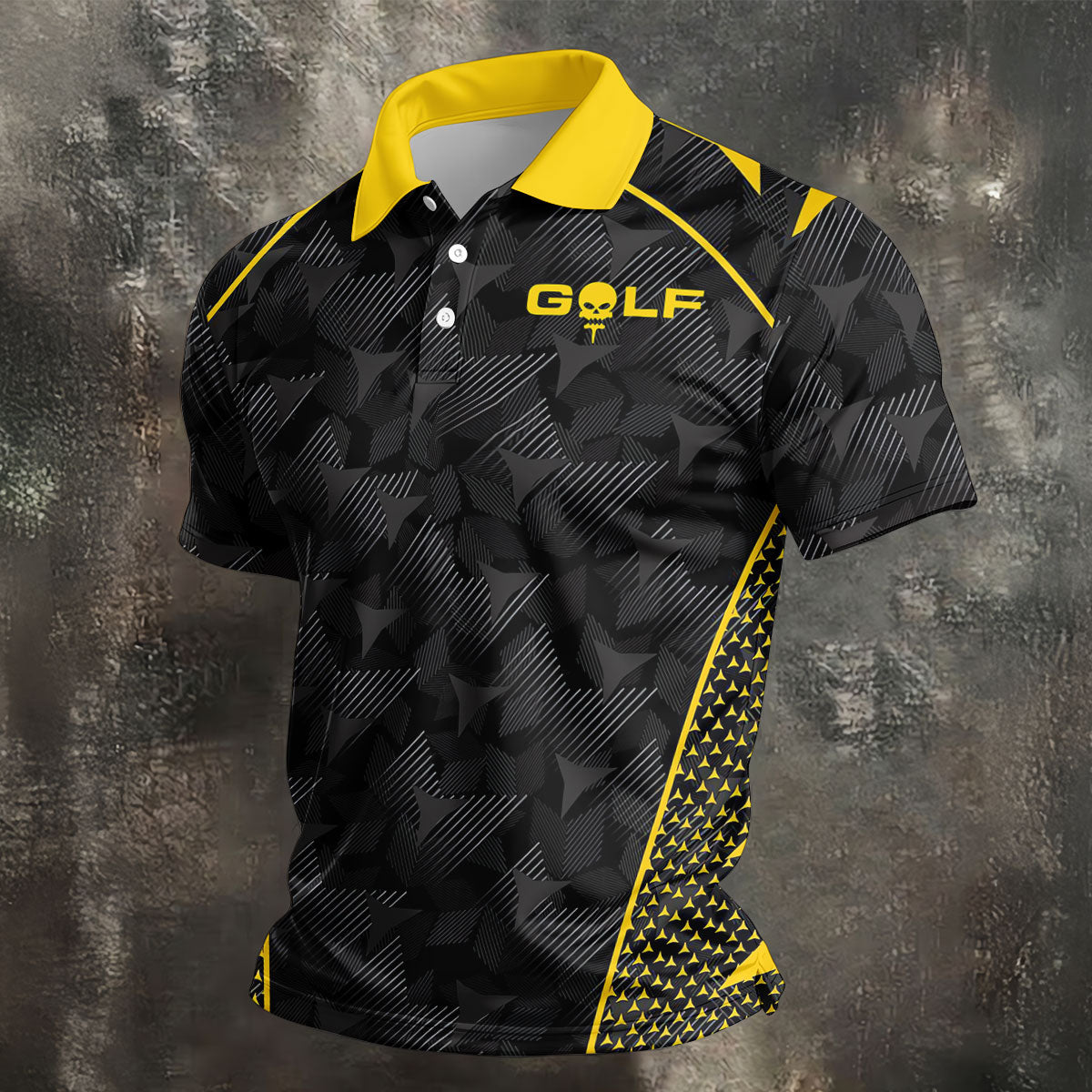Abstract Triangle Black Yellow Golf Tops For Men, Father's Day Golf Gift, Polo Shirts For Men