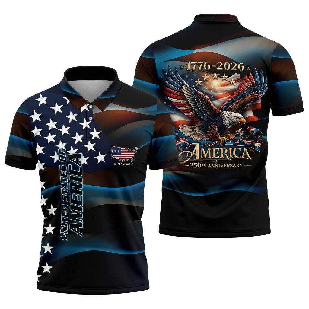 Red White Blue Bald Eagle Patriotic Golf Shirt, America 250th Anniversary Golf Shirts For Men
