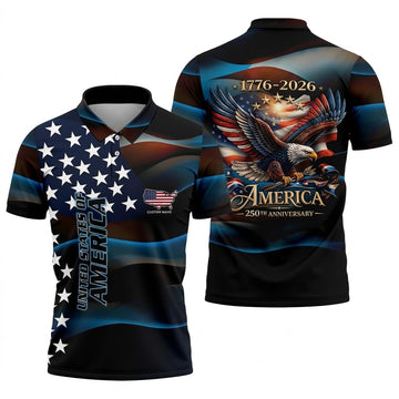 Red White Blue Bald Eagle Patriotic Golf Shirt, America 250th Anniversary Golf Shirts For Men