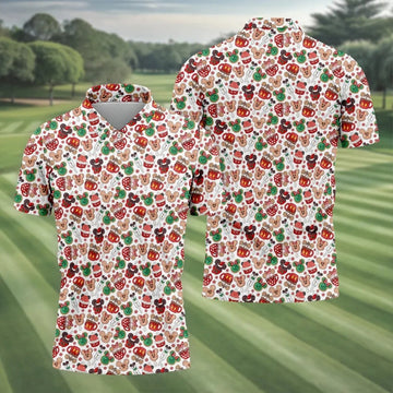 Cute Christmas Dessert Pattern Golf Tops For Men, Cartoon Character Polo Shirts For Men, Christmas Golf Shirt