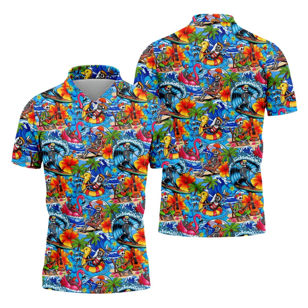 Blue Tropical Skeleton Surfer Pattern Golf Polo Shirt, Men's Golf Shirt, Golf Polo Shirts For Men