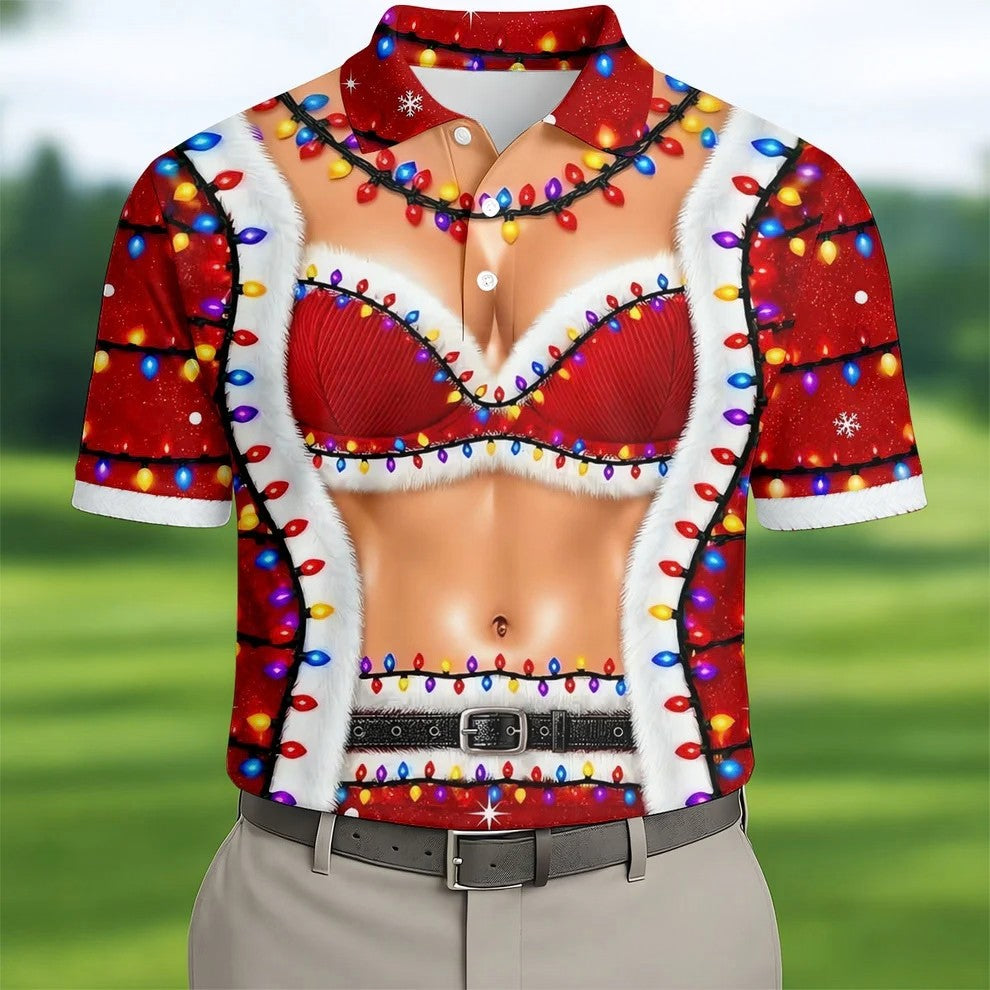 Funny Santa Bra Lights Christmas Golf Shirt, Mens Golf Shirts, Polo Shirts For Men