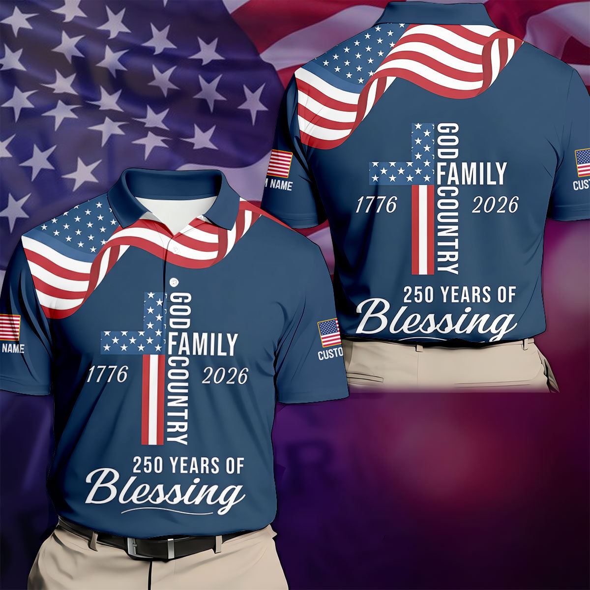 God Family Country Faith Cross 250 Years Of Blessing US Flag Golf Shirt, Golf Shirts For Men