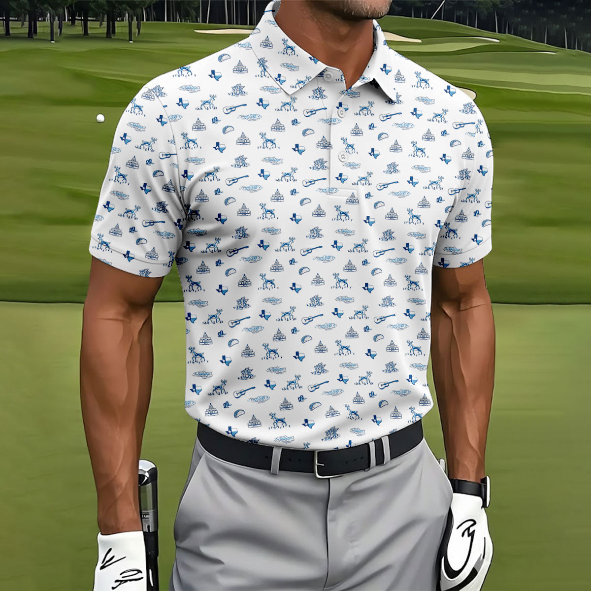 White Texas Icons Pattern Golf Polo Shirt, Hawaiian Golf Shirt, Golf Apparel For Men