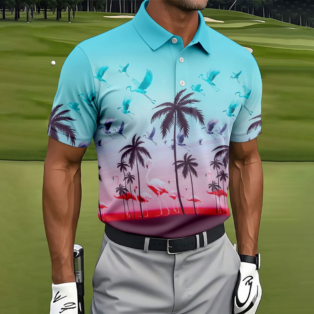 Tropical Flamingo Sunset Hawaiian Golf Shirt, Printed Golf Shirts, Golf Polo Shirts For Men