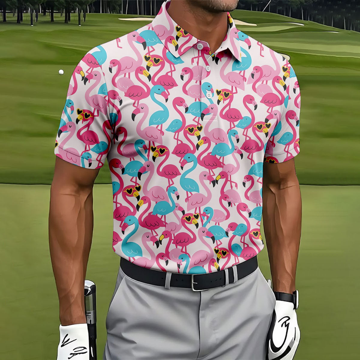 Funny Pink Flamingo Pattern Polo Golf Shirt, Mens Golf Polo, Golf Shirts For Men