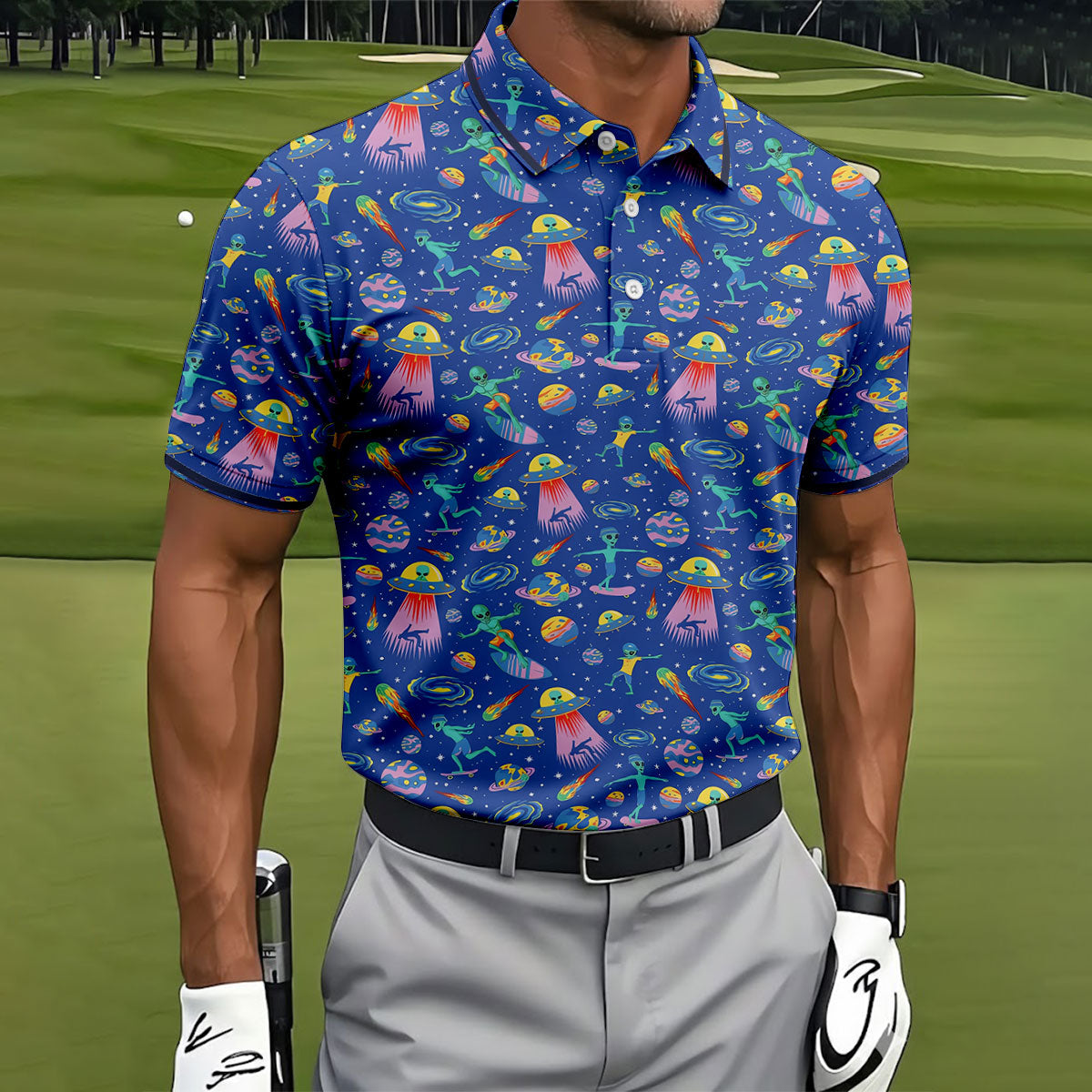 Surfing Alien Space Galaxy Hawaiian Golf Shirt, Hawaiian Golf Shirt, Golf Shirts For Men