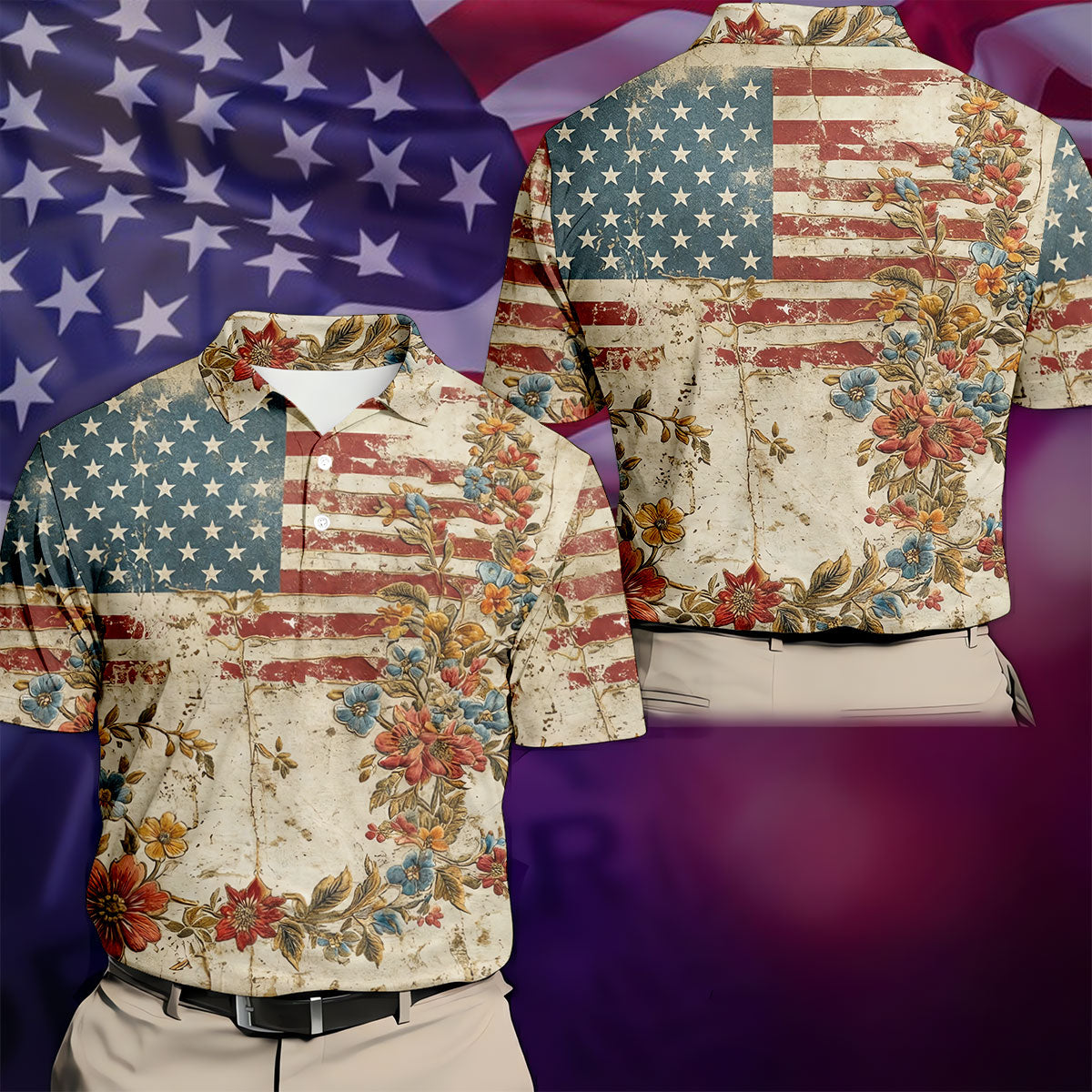 Floral American Flag Vintage Golf Shirt, 250 Years Patriotic 4th Of July Golf Shirts For Men