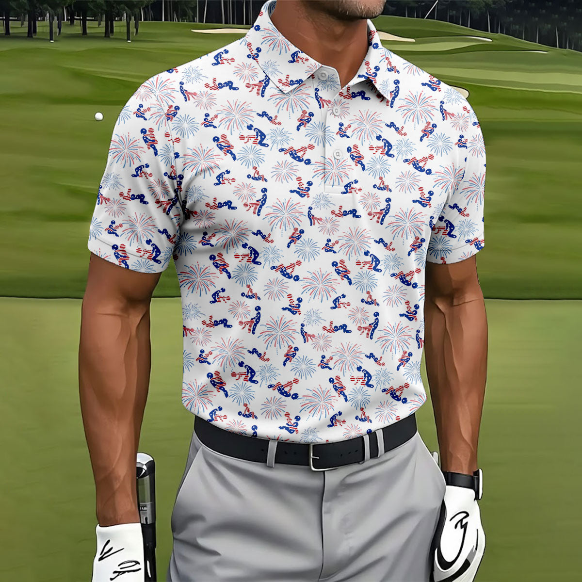 US Flag Pattern Naughty Couple Stick Figures Funny Golf Shirt, 250 Years Golf Shirts For Men