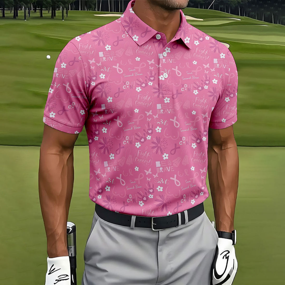 Save Second Base Fight Breast Cancer Polo Shirt, Polo Shirts For Men, Printed Golf Shirts