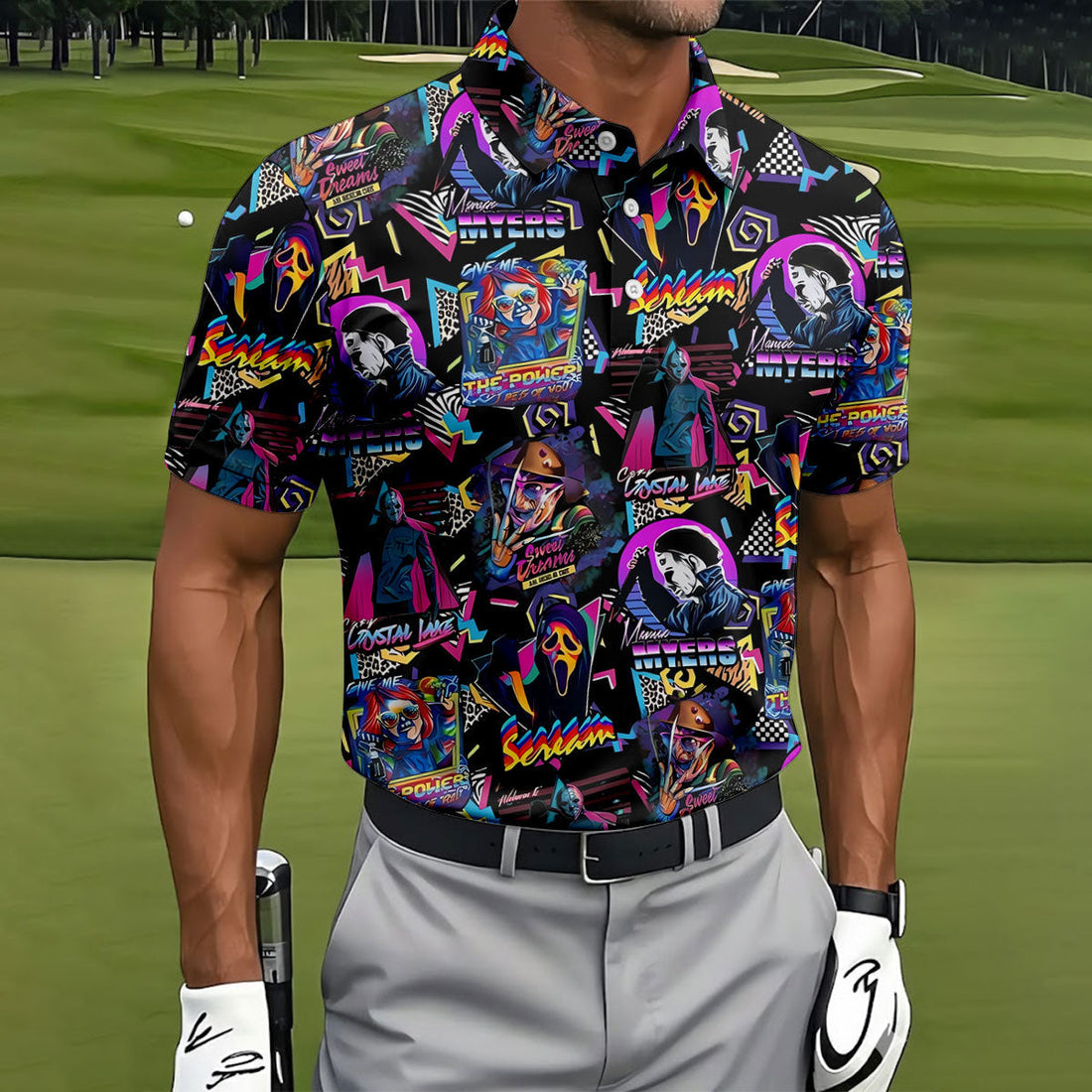 Retro Halloween Horror Character Hawaiian Golf Shirt, Men's Golf Shirt, Golf Polo Shirts For Men