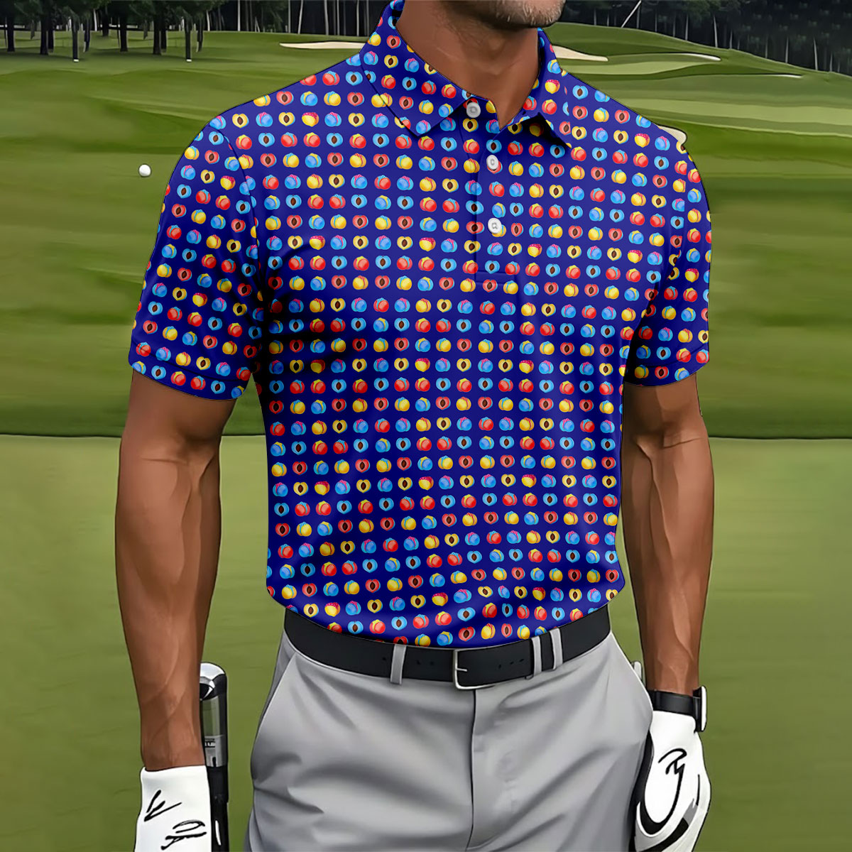 Funny Peach Emoji Pattern Golf Polo Shirt, Men's Golf Polo Shirt, Novelty Golf Shirts For Men
