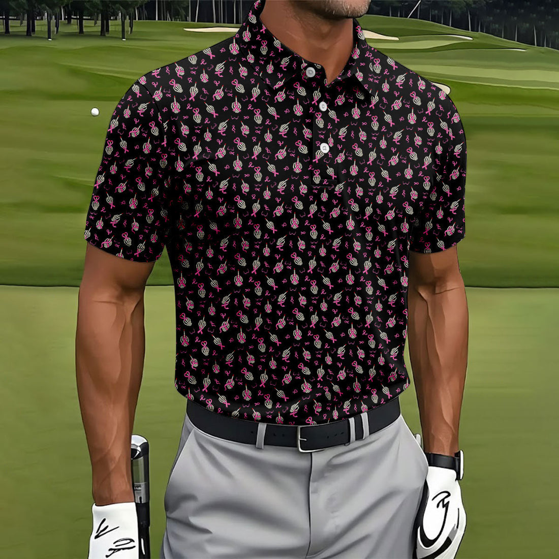 Skeleton Middle Finger Breast Cancer Polo Shirt, Polo Shirts For Men, Mens Golf Apparel