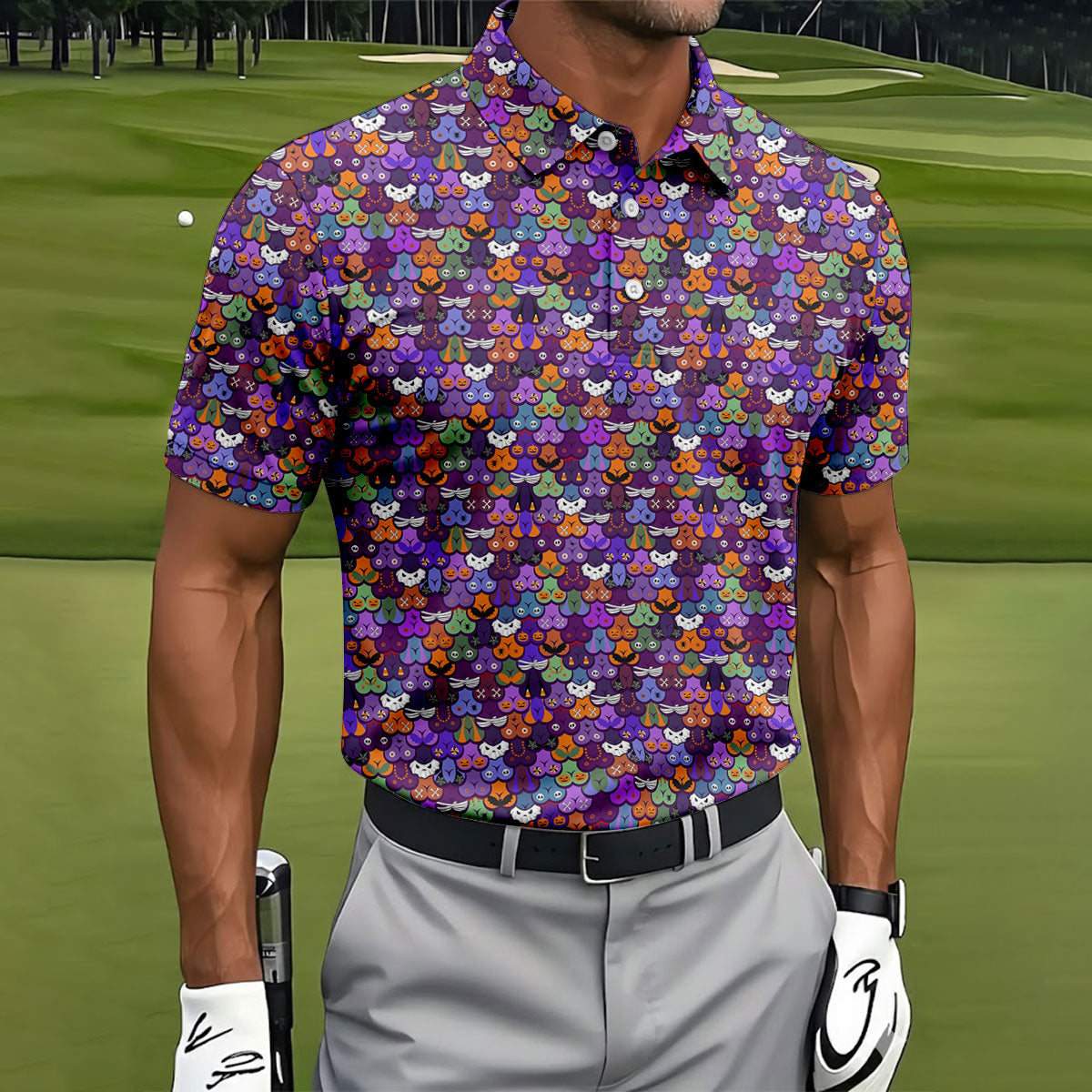 Cute Halloween Icon Pattern Golf Polo Shirt, Mens Golf Shirts, Hawaiian Golf Shirt