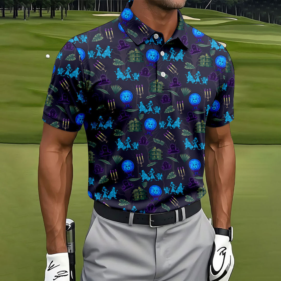 Crystal Ball Ghost Trio Halloween Polo Shirt, Golf Shirts For Men, Mens Golf Apparel