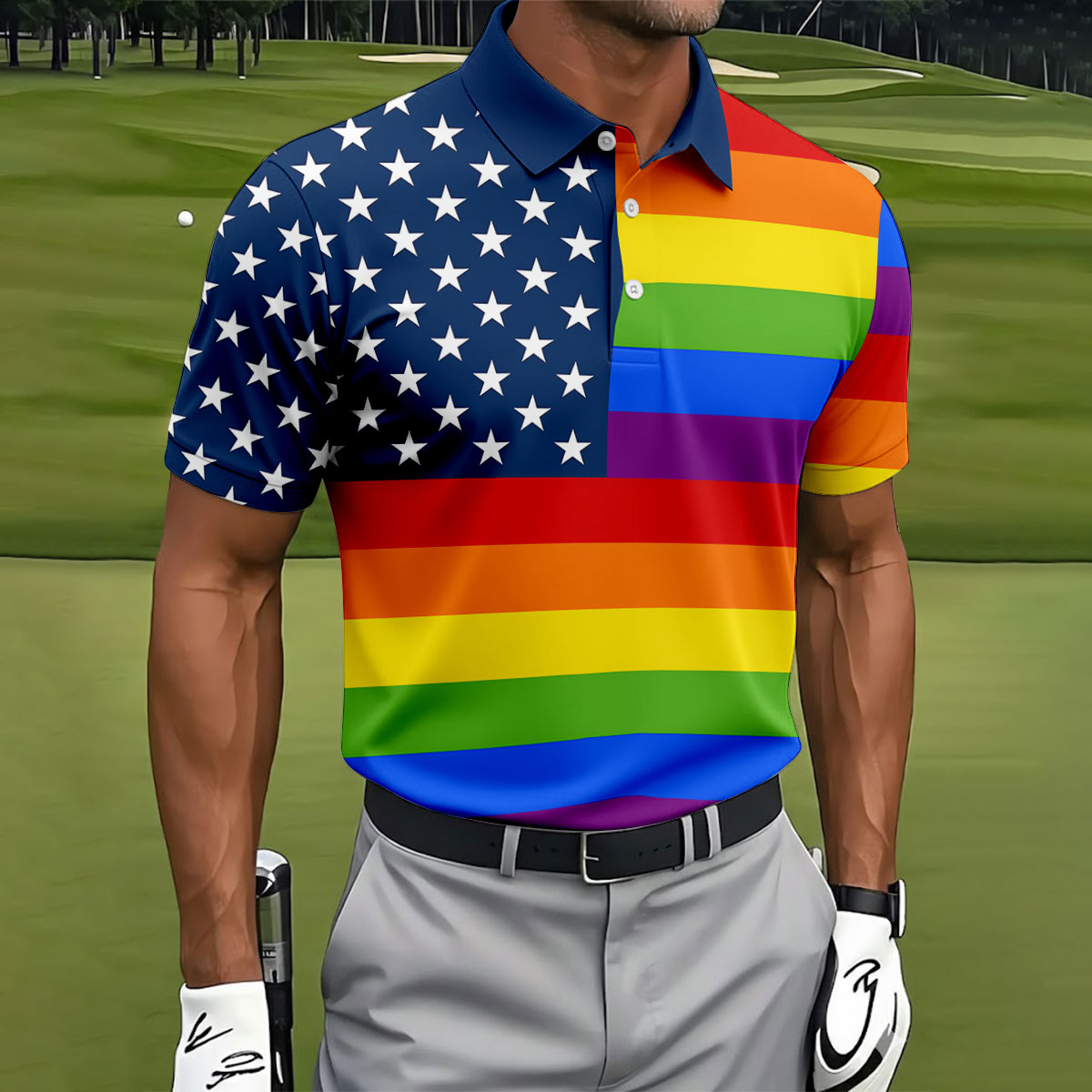 Gay Pride American Flag Golf Tops For Men, Pride Month Golf Shirts For Men
