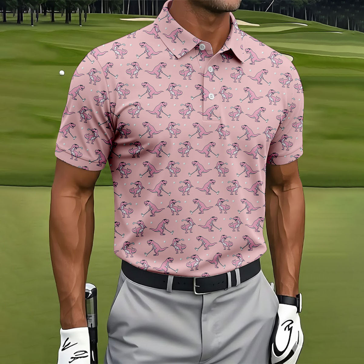 Pink T-Rex Dinosaur Golfer Pattern Golf Polo Shirt, Golf Shirts For Men, Mens Golf Apparel