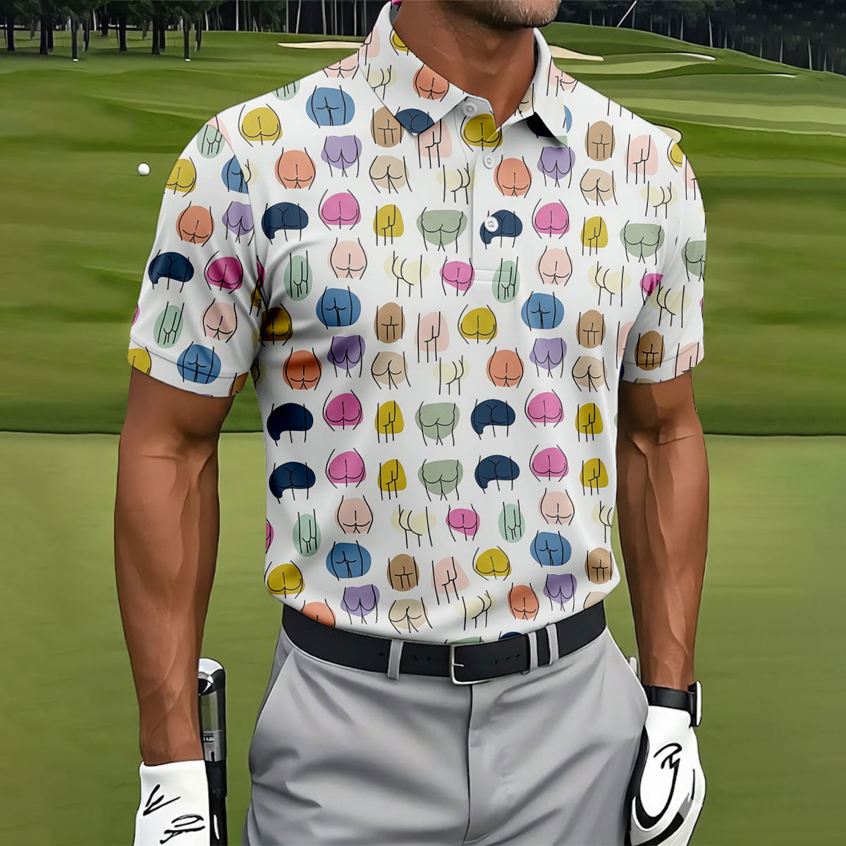 Funny Colorful Butt Pattern Golf Polo Shirt, Golf Shirts For Men, Mens Golf Apparel