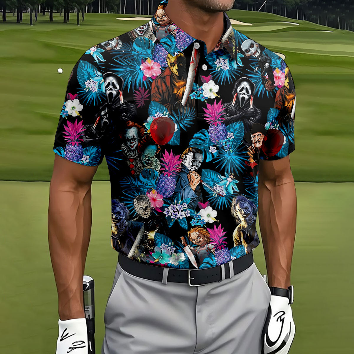 Tropical Horror Character Halloween Golf Shirt, Golf Shirts For Men, Mens Golf Apparel