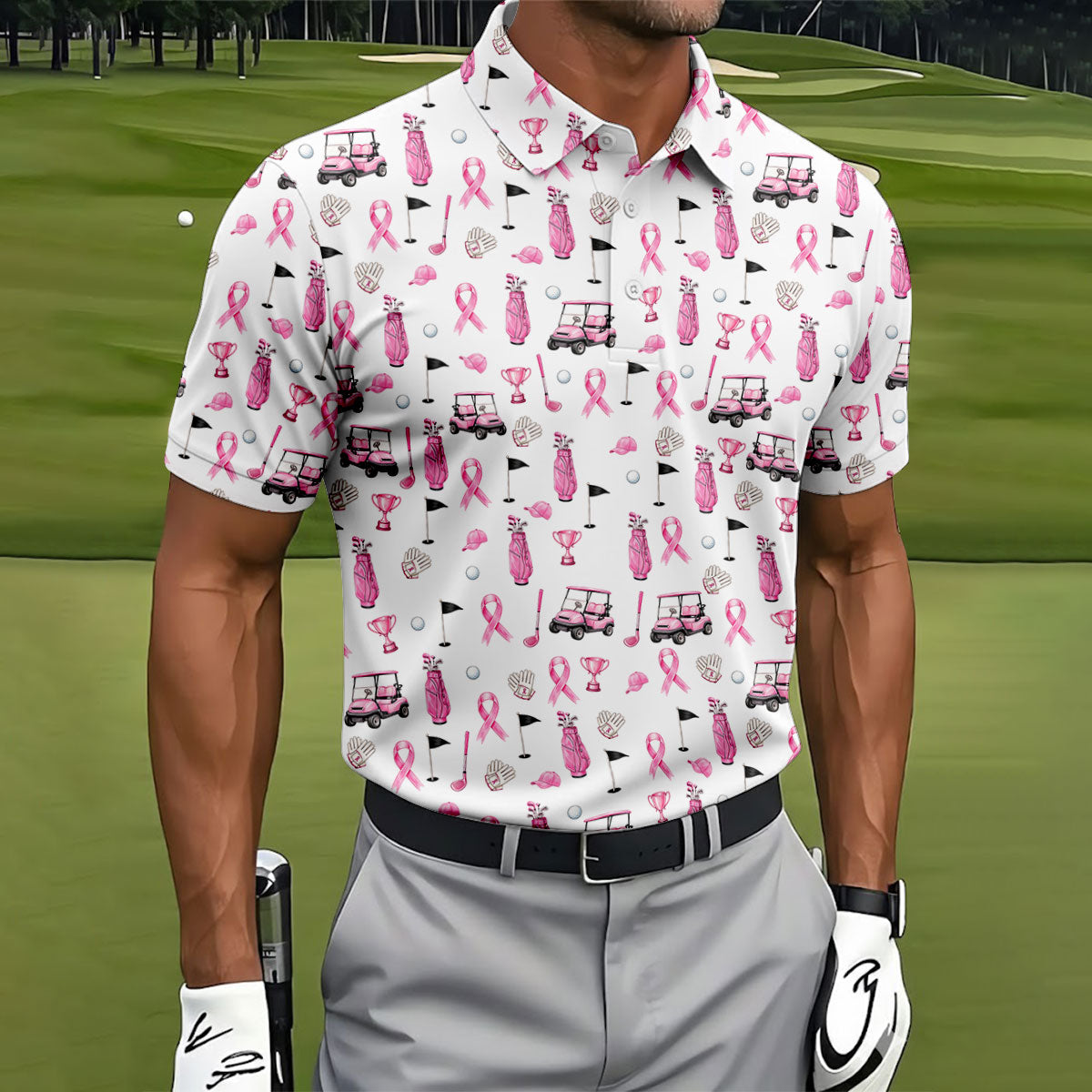 Pink Golf Cart Ribbon Breast Cancer Polo Shirt, Golf Shirts For Men, Mens Golf Apparel