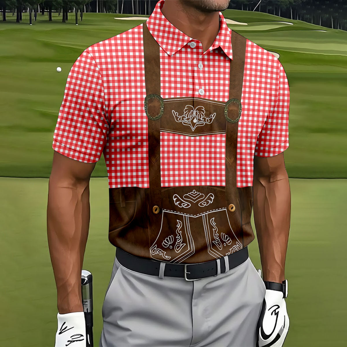 Red Oktoberfest Lederhosen Illusion Sleeveless Golf Polo, Mens Golf Polo, Printed Golf Shirts