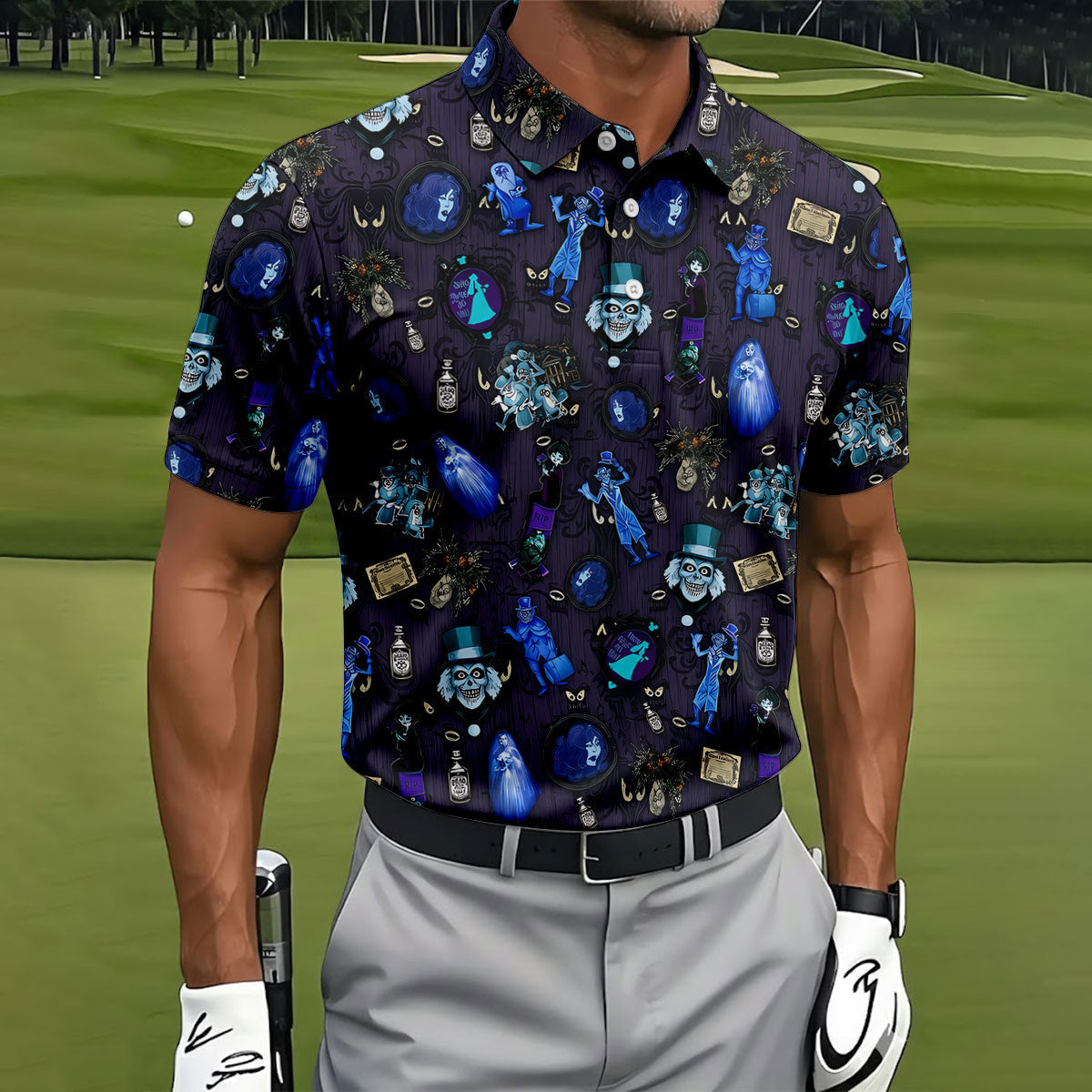 Haunted House Horror Character Golf Polo Shirt, Halloween Shirt, Mens Golf Polo