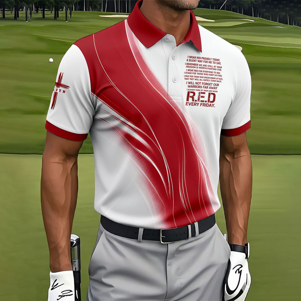 Red Friday Faith Cross Red White Gradient Patriotic Golf Shirt, 250 Years Polo Shirts For Men
